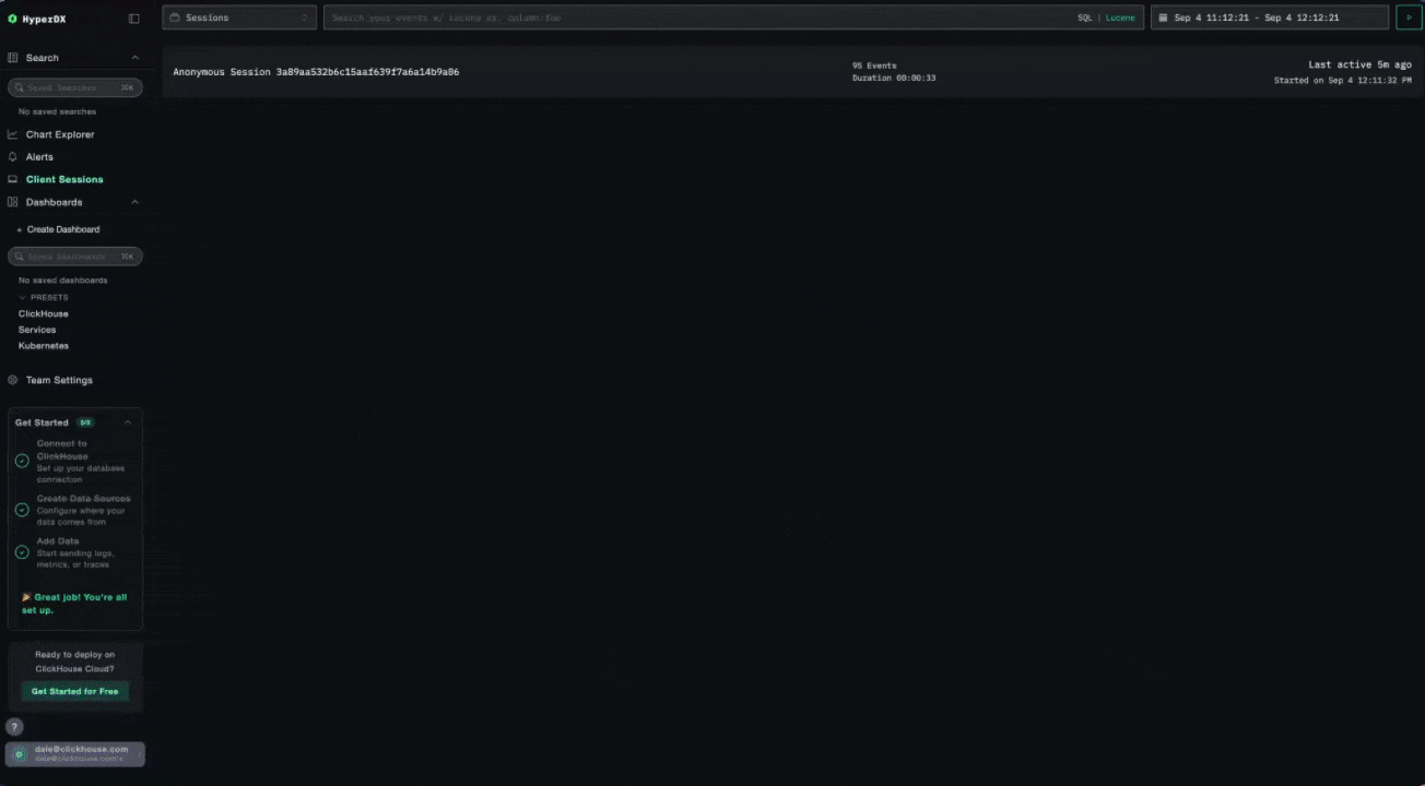 ClickStack에서 세션 리플레이에서 백엔드 트레이스��로 탐색하는 화면