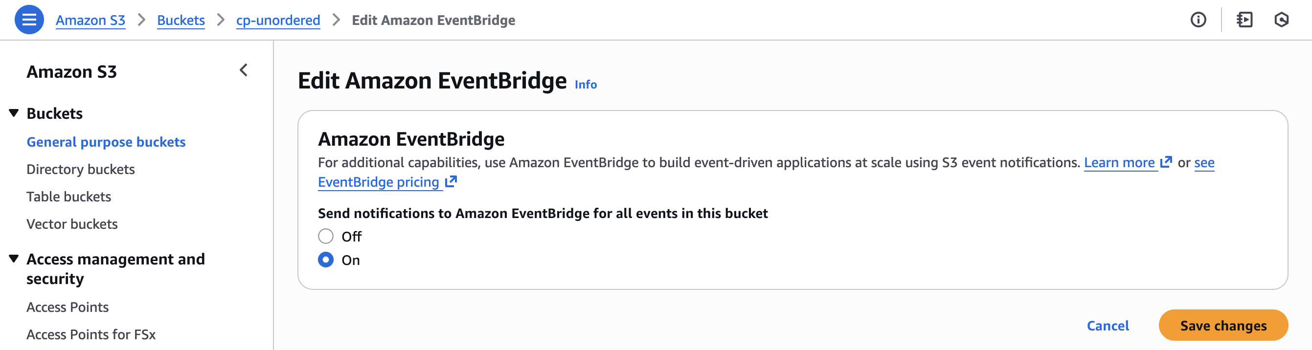 S3 버킷 속성에서 Amazon EventBridge 알림 활성화
