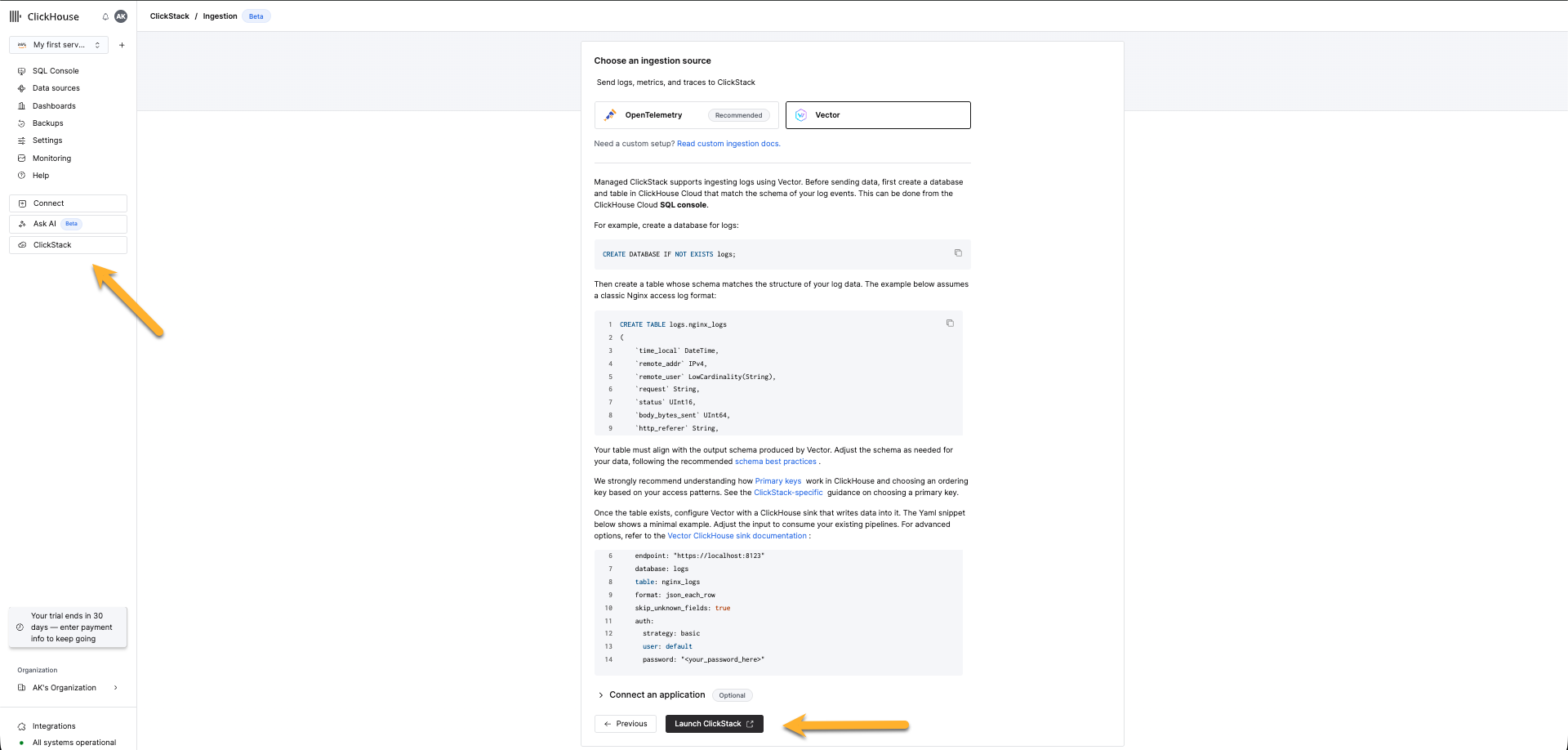Vector용 ClickStack 시작하기