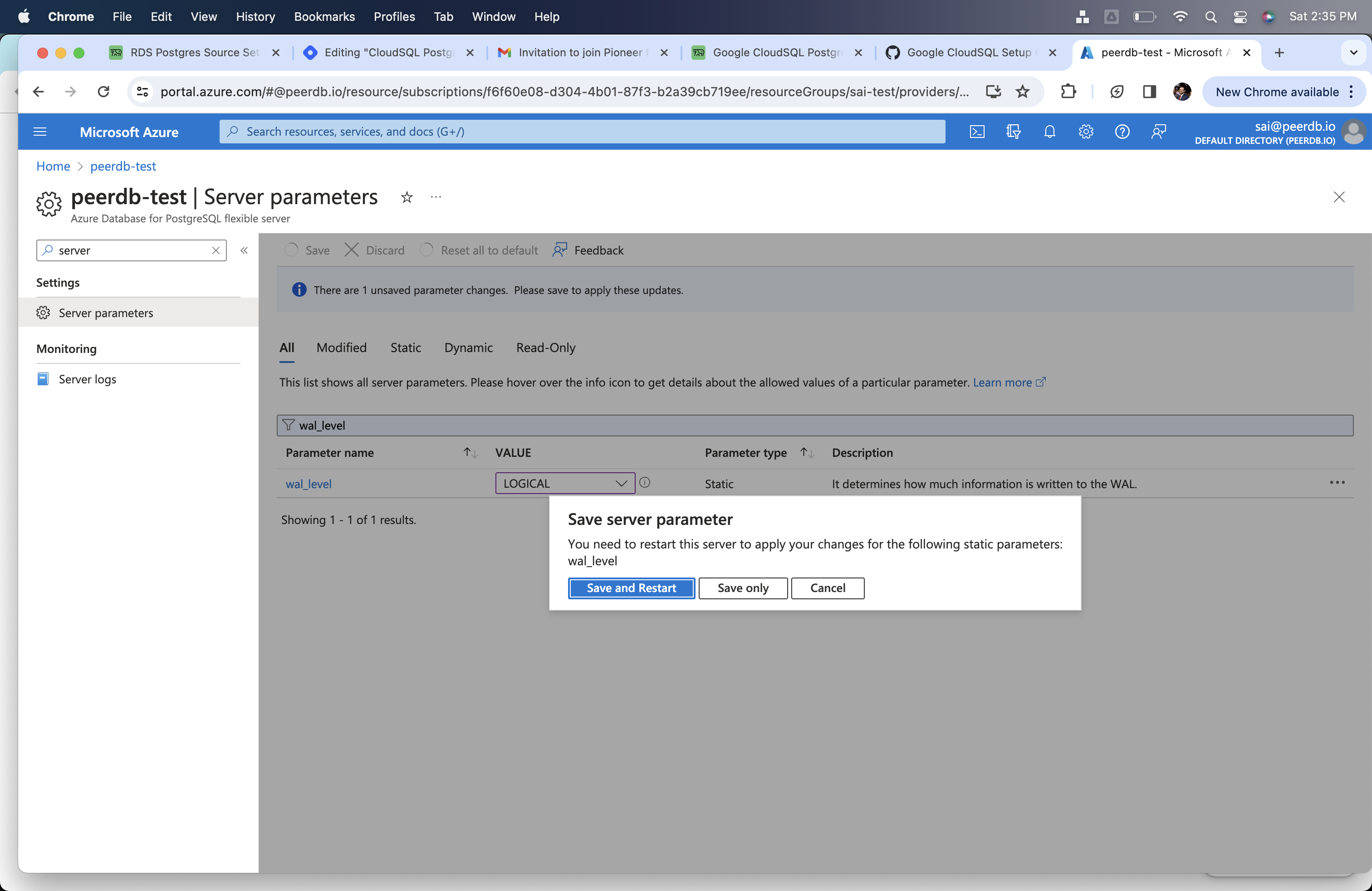 wal_level 변경 후 서버 재시작